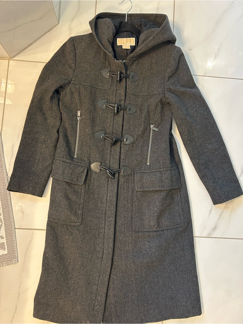 Michael Kors Charcoal Gray Wool Duffle Toggle Hooded Pea Coat Size Small/Petite
